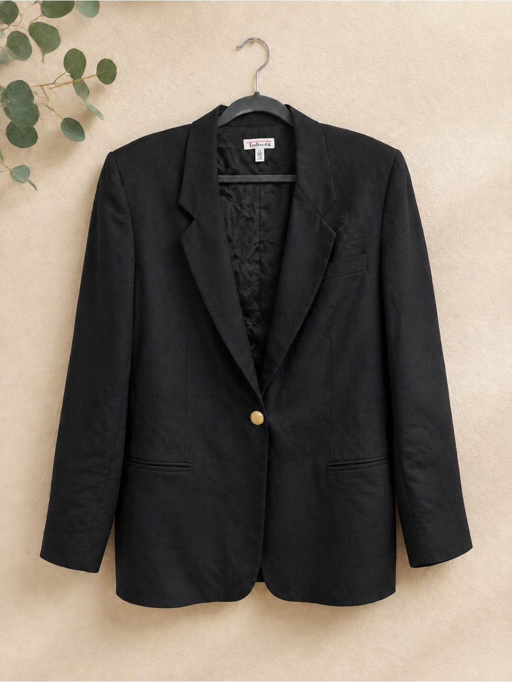 Vintage Talbots Size 14 Black Italian Linen Blend Blazer Gold Crest Buttons USA